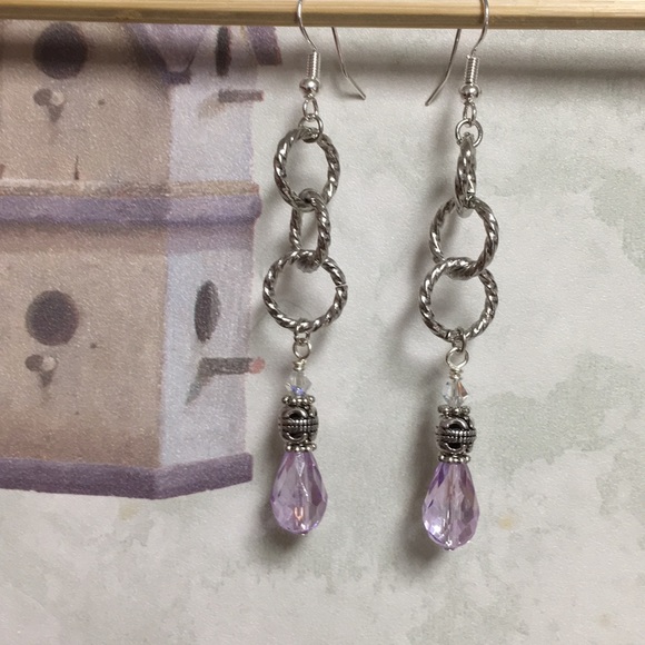 Long pastel lavender & silver rope hoops earrings - Picture 4 of 6